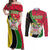 Saint Kitts and Nevis Christmas Couples Matching Off Shoulder Maxi Dress and Long Sleeve Button Shirt with Red Green Black Xmas Monkey Gift and Coat of Arms - Wonder Print Shop