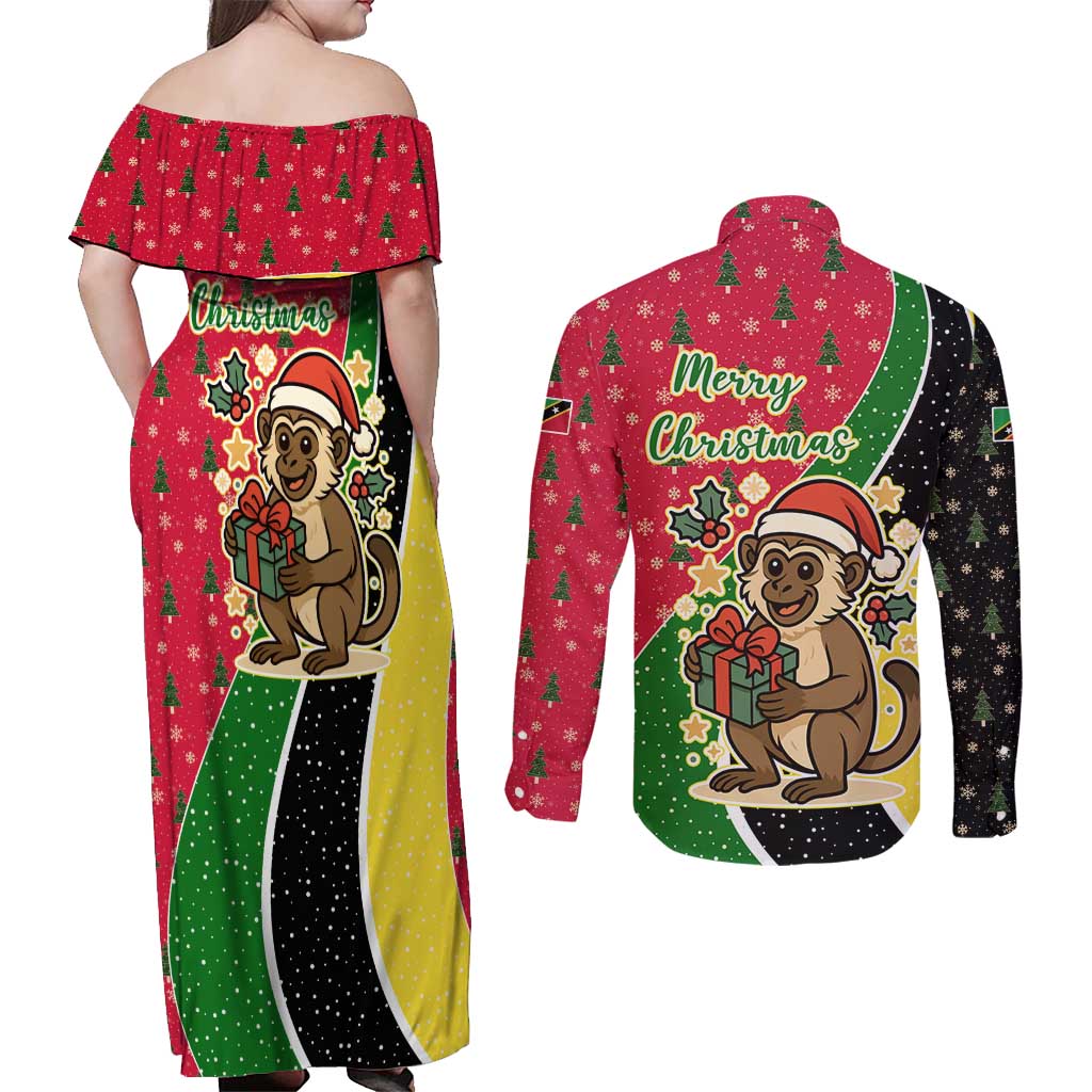 Saint Kitts and Nevis Christmas Couples Matching Off Shoulder Maxi Dress and Long Sleeve Button Shirt with Red Green Black Xmas Monkey Gift and Coat of Arms - Wonder Print Shop