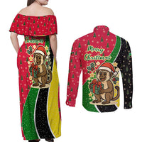 Saint Kitts and Nevis Christmas Couples Matching Off Shoulder Maxi Dress and Long Sleeve Button Shirt with Red Green Black Xmas Monkey Gift and Coat of Arms - Wonder Print Shop