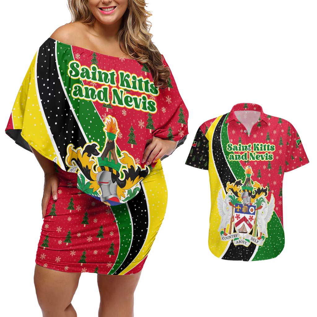 Saint Kitts and Nevis Christmas Couples Matching Off Shoulder Short Dress and Hawaiian Shirt with Red Green Black Xmas Monkey Gift and Coat of Arms - Wonder Print Shop