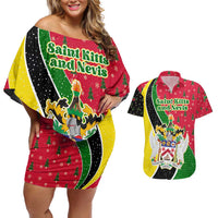 Saint Kitts and Nevis Christmas Couples Matching Off Shoulder Short Dress and Hawaiian Shirt with Red Green Black Xmas Monkey Gift and Coat of Arms - Wonder Print Shop