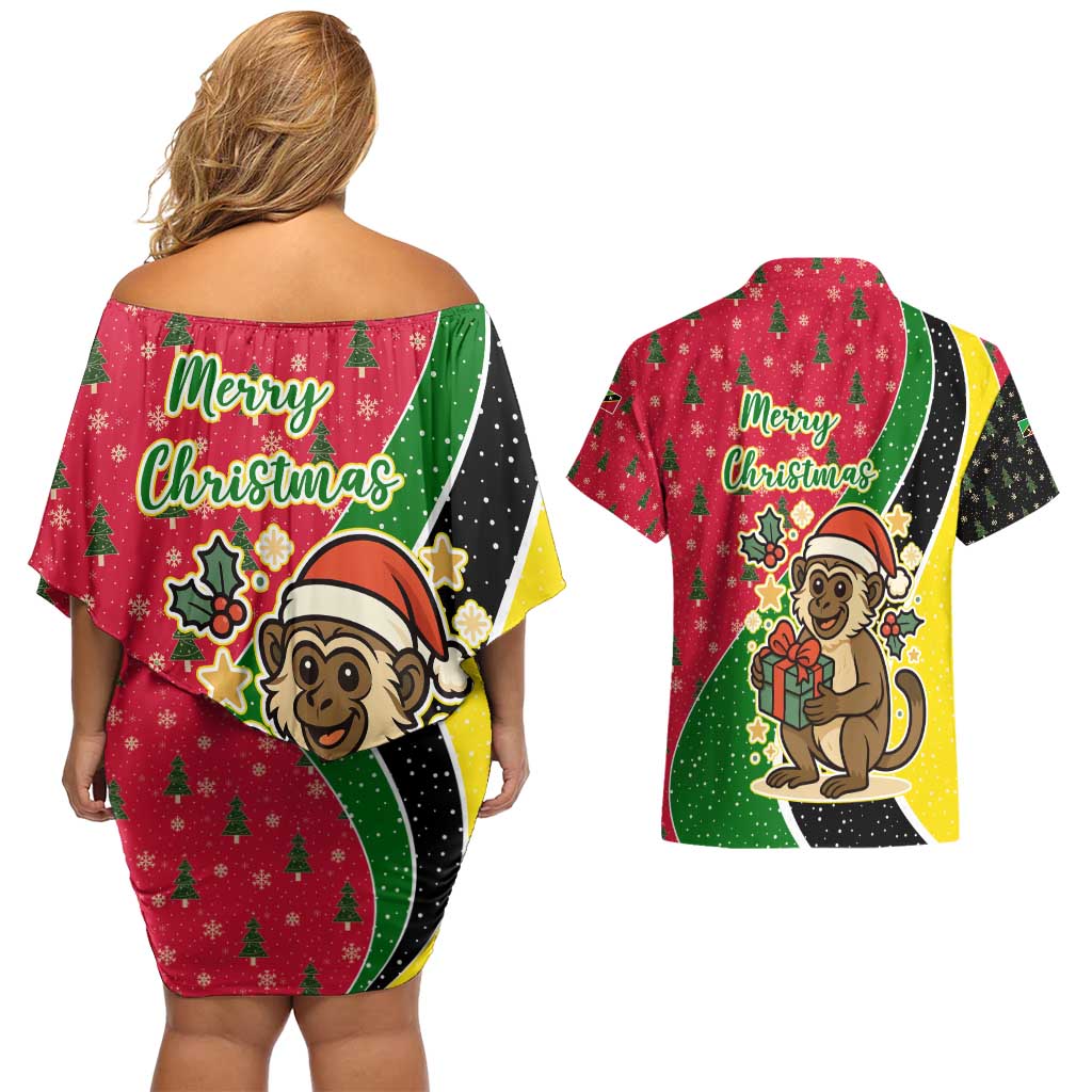Saint Kitts and Nevis Christmas Couples Matching Off Shoulder Short Dress and Hawaiian Shirt with Red Green Black Xmas Monkey Gift and Coat of Arms - Wonder Print Shop
