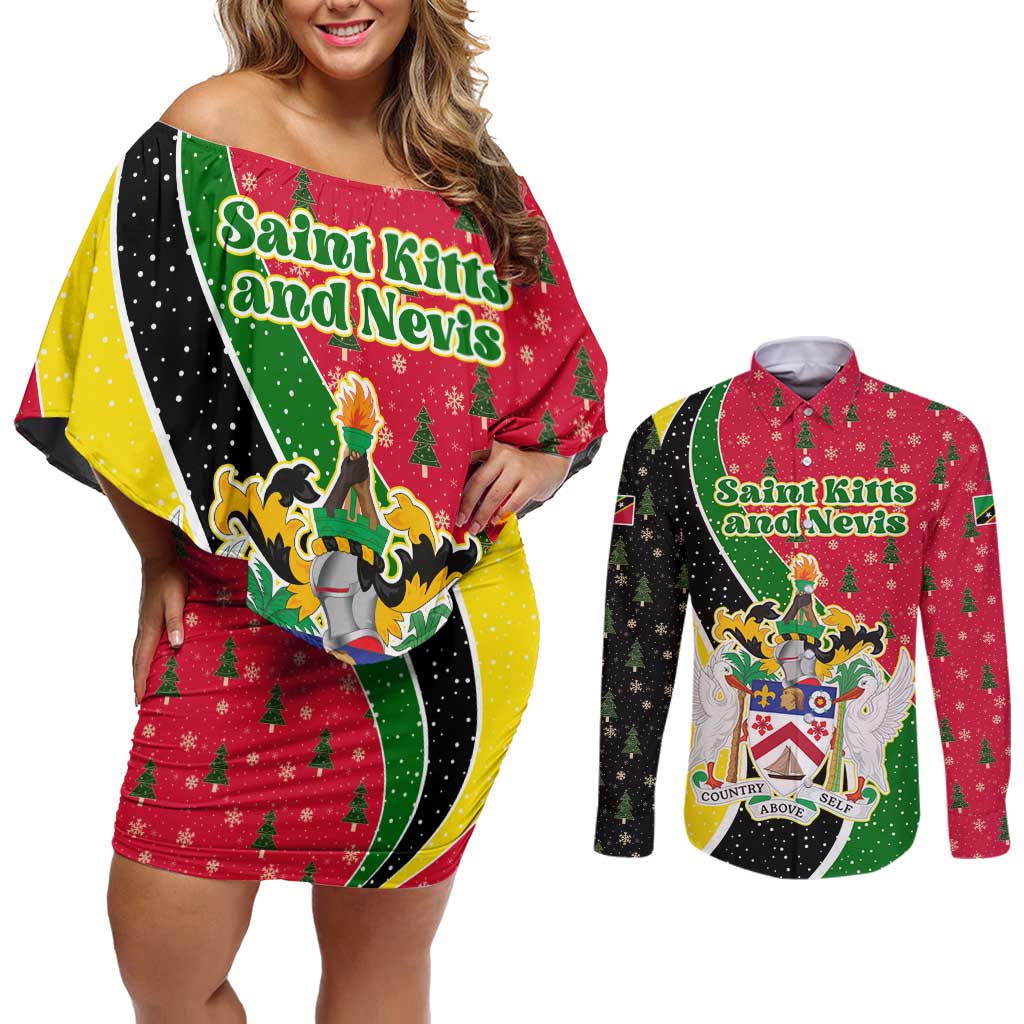 Saint Kitts and Nevis Christmas Couples Matching Off Shoulder Short Dress and Long Sleeve Button Shirt with Red Green Black Xmas Monkey Gift and Coat of Arms - Wonder Print Shop