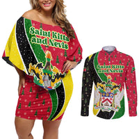 Saint Kitts and Nevis Christmas Couples Matching Off Shoulder Short Dress and Long Sleeve Button Shirt with Red Green Black Xmas Monkey Gift and Coat of Arms - Wonder Print Shop