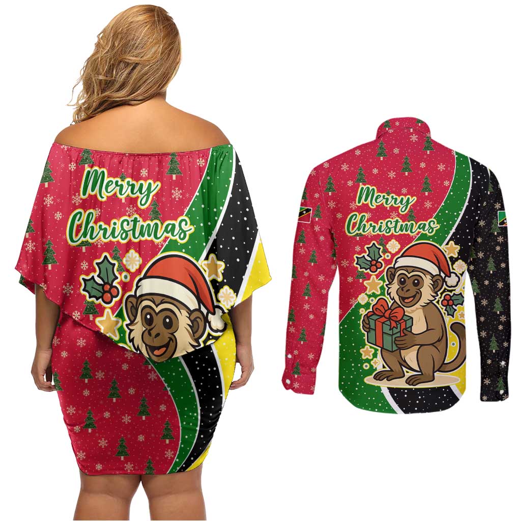 Saint Kitts and Nevis Christmas Couples Matching Off Shoulder Short Dress and Long Sleeve Button Shirt with Red Green Black Xmas Monkey Gift and Coat of Arms - Wonder Print Shop