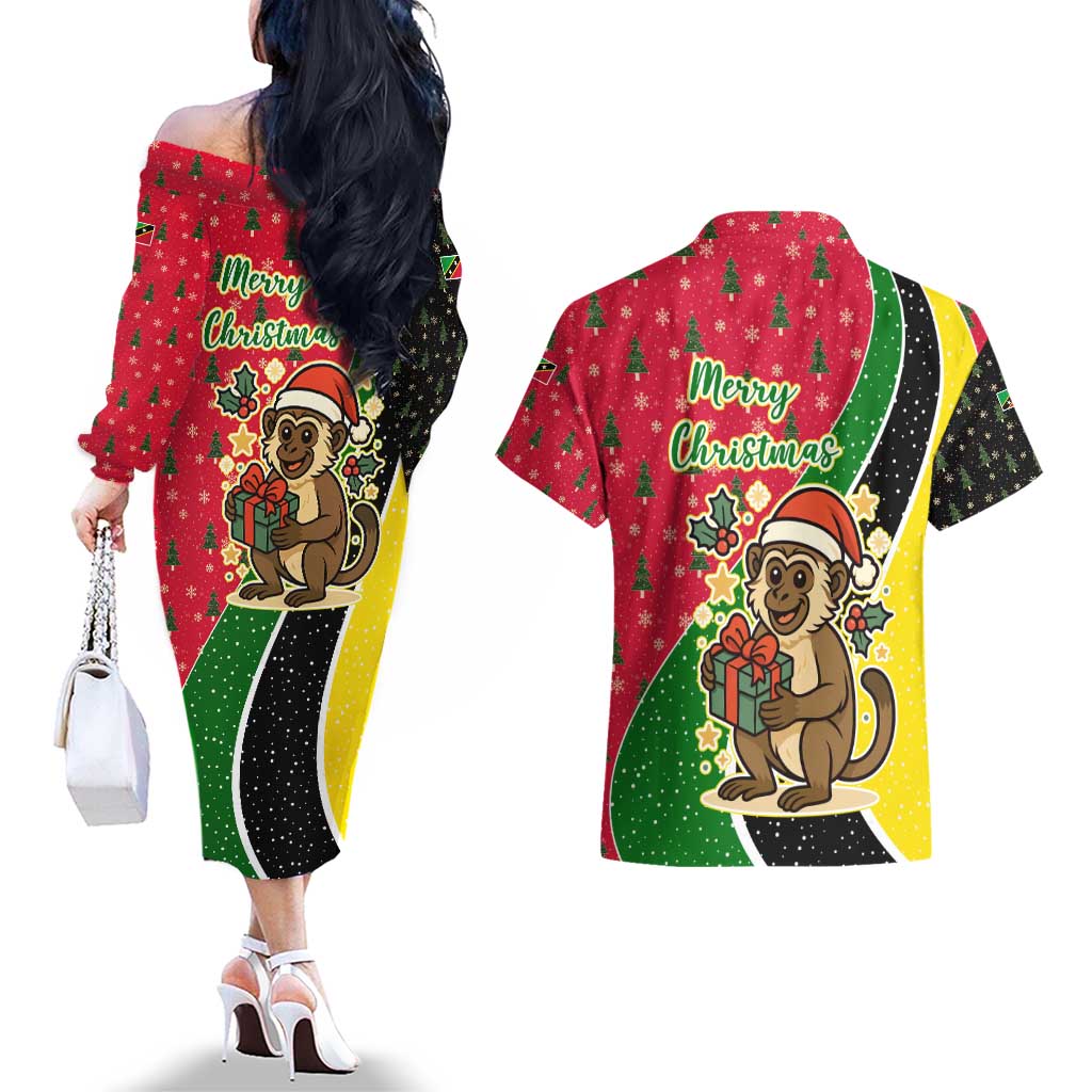 Saint Kitts and Nevis Christmas Couples Matching Off The Shoulder Long Sleeve Dress and Hawaiian Shirt with Red Green Black Xmas Monkey Gift and Coat of Arms - Wonder Print Shop