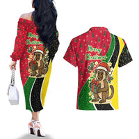 Saint Kitts and Nevis Christmas Couples Matching Off The Shoulder Long Sleeve Dress and Hawaiian Shirt with Red Green Black Xmas Monkey Gift and Coat of Arms - Wonder Print Shop