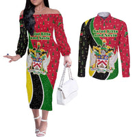Saint Kitts and Nevis Christmas Couples Matching Off The Shoulder Long Sleeve Dress and Long Sleeve Button Shirt with Red Green Black Xmas Monkey Gift and Coat of Arms - Wonder Print Shop