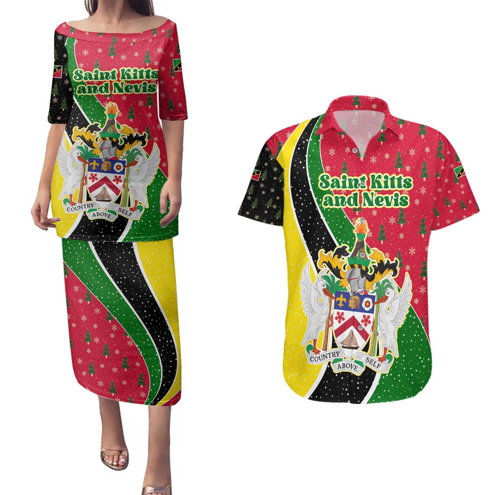 Saint Kitts and Nevis Christmas Couples Matching Puletasi and Hawaiian Shirt with Red Green Black Xmas Monkey Gift and Coat of Arms - Wonder Print Shop