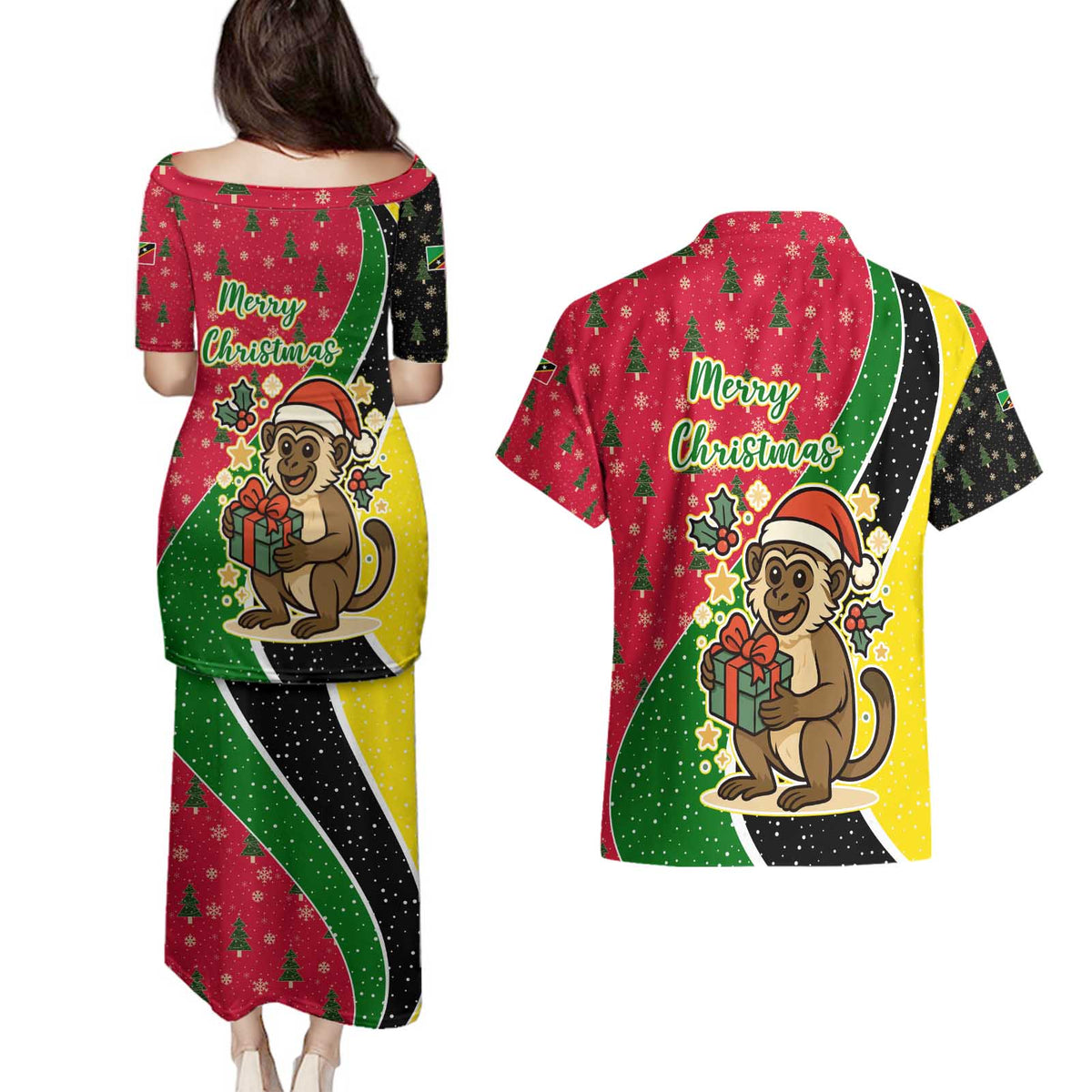 Saint Kitts and Nevis Christmas Couples Matching Puletasi and Hawaiian Shirt with Red Green Black Xmas Monkey Gift and Coat of Arms - Wonder Print Shop