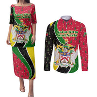 Saint Kitts and Nevis Christmas Couples Matching Puletasi and Long Sleeve Button Shirt with Red Green Black Xmas Monkey Gift and Coat of Arms - Wonder Print Shop
