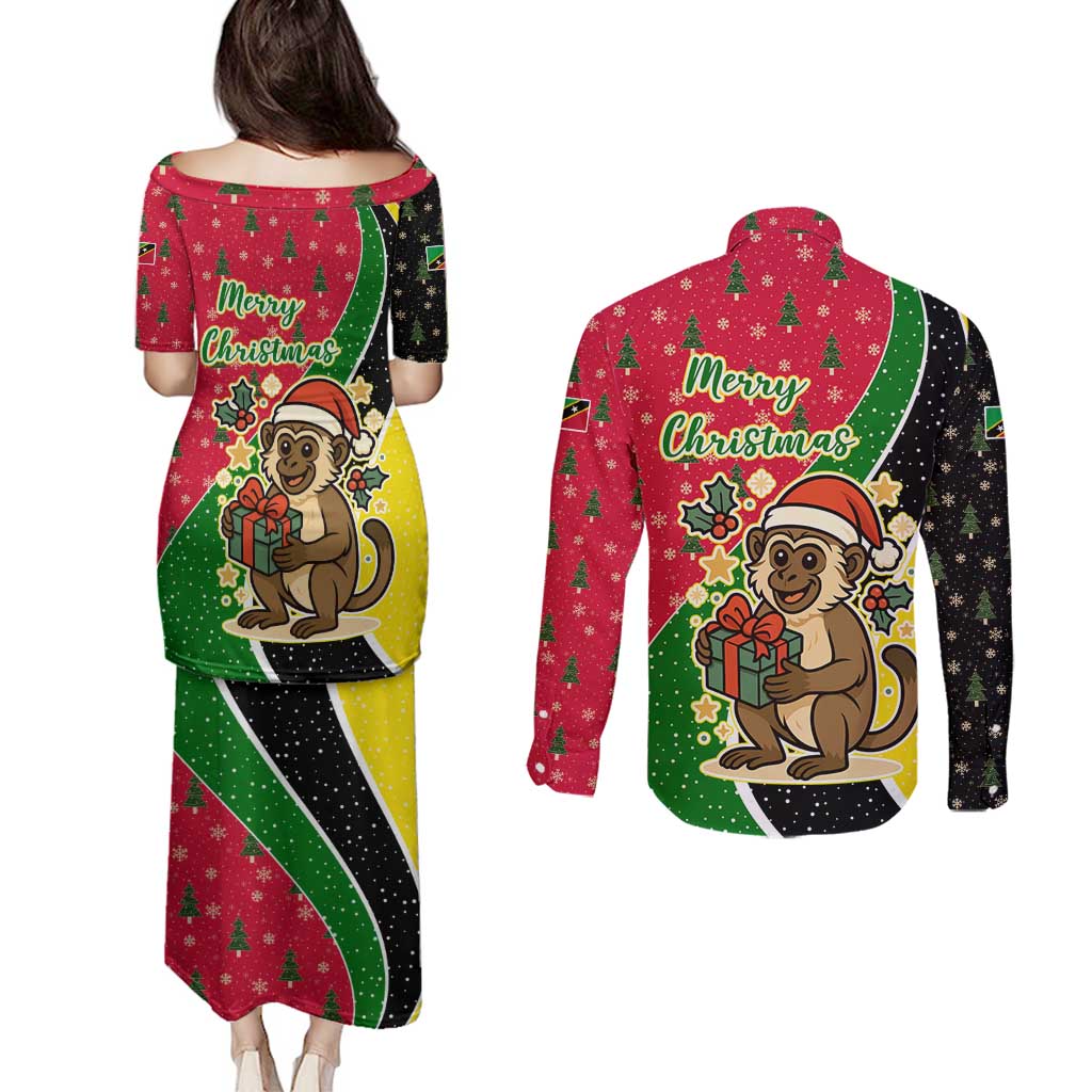 Saint Kitts and Nevis Christmas Couples Matching Puletasi and Long Sleeve Button Shirt with Red Green Black Xmas Monkey Gift and Coat of Arms - Wonder Print Shop