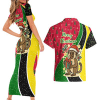 Saint Kitts and Nevis Christmas Couples Matching Short Sleeve Bodycon Dress and Hawaiian Shirt with Red Green Black Xmas Monkey Gift and Coat of Arms - Wonder Print Shop