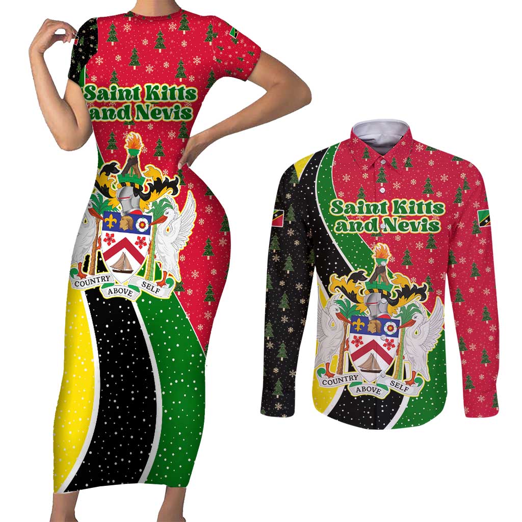 Saint Kitts and Nevis Christmas Couples Matching Short Sleeve Bodycon Dress and Long Sleeve Button Shirt with Red Green Black Xmas Monkey Gift and Coat of Arms - Wonder Print Shop