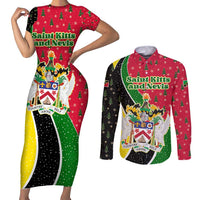 Saint Kitts and Nevis Christmas Couples Matching Short Sleeve Bodycon Dress and Long Sleeve Button Shirt with Red Green Black Xmas Monkey Gift and Coat of Arms - Wonder Print Shop