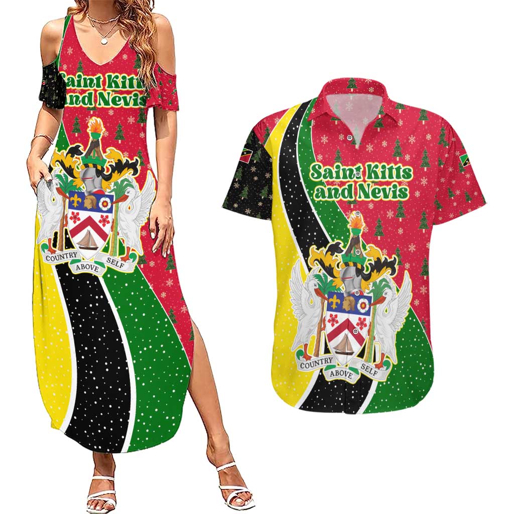 Saint Kitts and Nevis Christmas Couples Matching Summer Maxi Dress and Hawaiian Shirt with Red Green Black Xmas Monkey Gift and Coat of Arms - Wonder Print Shop