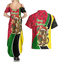 Saint Kitts and Nevis Christmas Couples Matching Summer Maxi Dress and Hawaiian Shirt with Red Green Black Xmas Monkey Gift and Coat of Arms - Wonder Print Shop