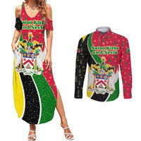 Saint Kitts and Nevis Christmas Couples Matching Summer Maxi Dress and Long Sleeve Button Shirt with Red Green Black Xmas Monkey Gift and Coat of Arms - Wonder Print Shop