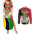 Saint Kitts and Nevis Christmas Couples Matching Summer Maxi Dress and Long Sleeve Button Shirt with Red Green Black Xmas Monkey Gift and Coat of Arms - Wonder Print Shop
