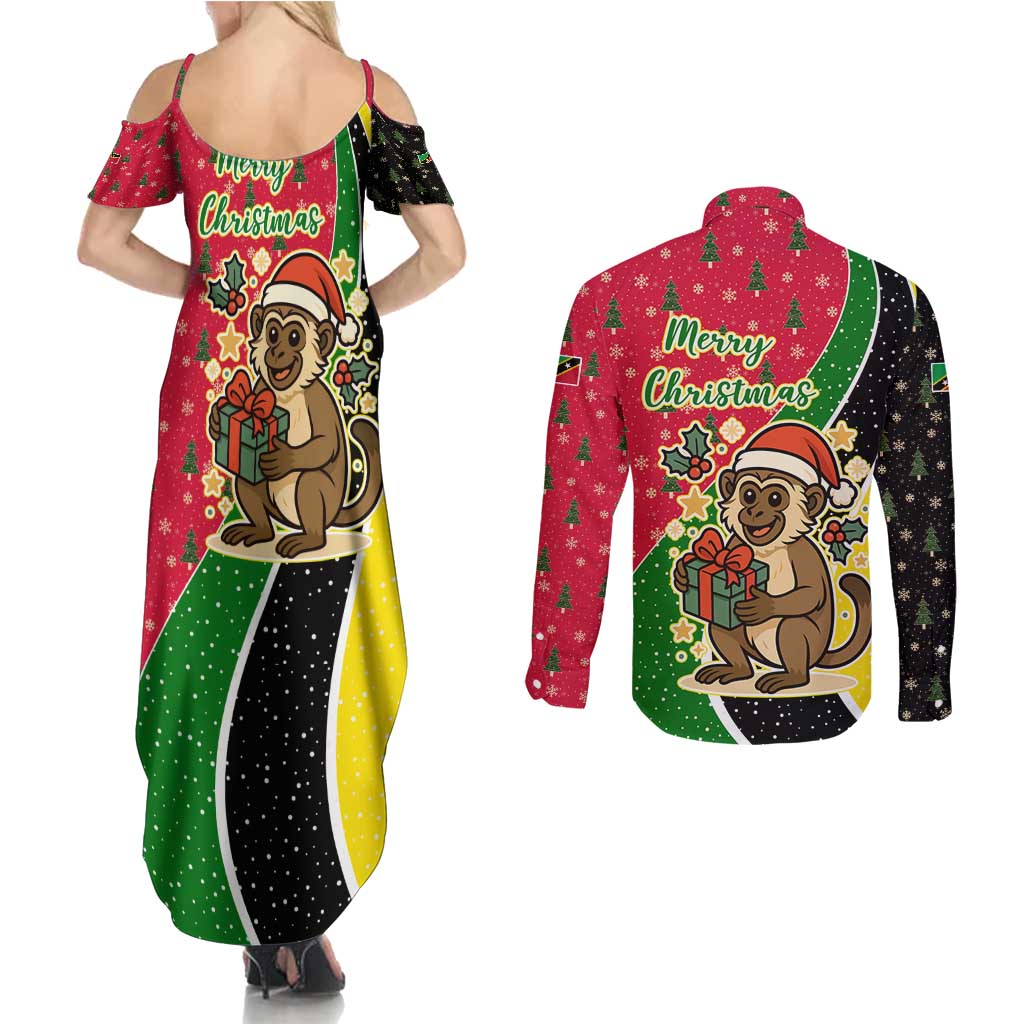 Saint Kitts and Nevis Christmas Couples Matching Summer Maxi Dress and Long Sleeve Button Shirt with Red Green Black Xmas Monkey Gift and Coat of Arms - Wonder Print Shop
