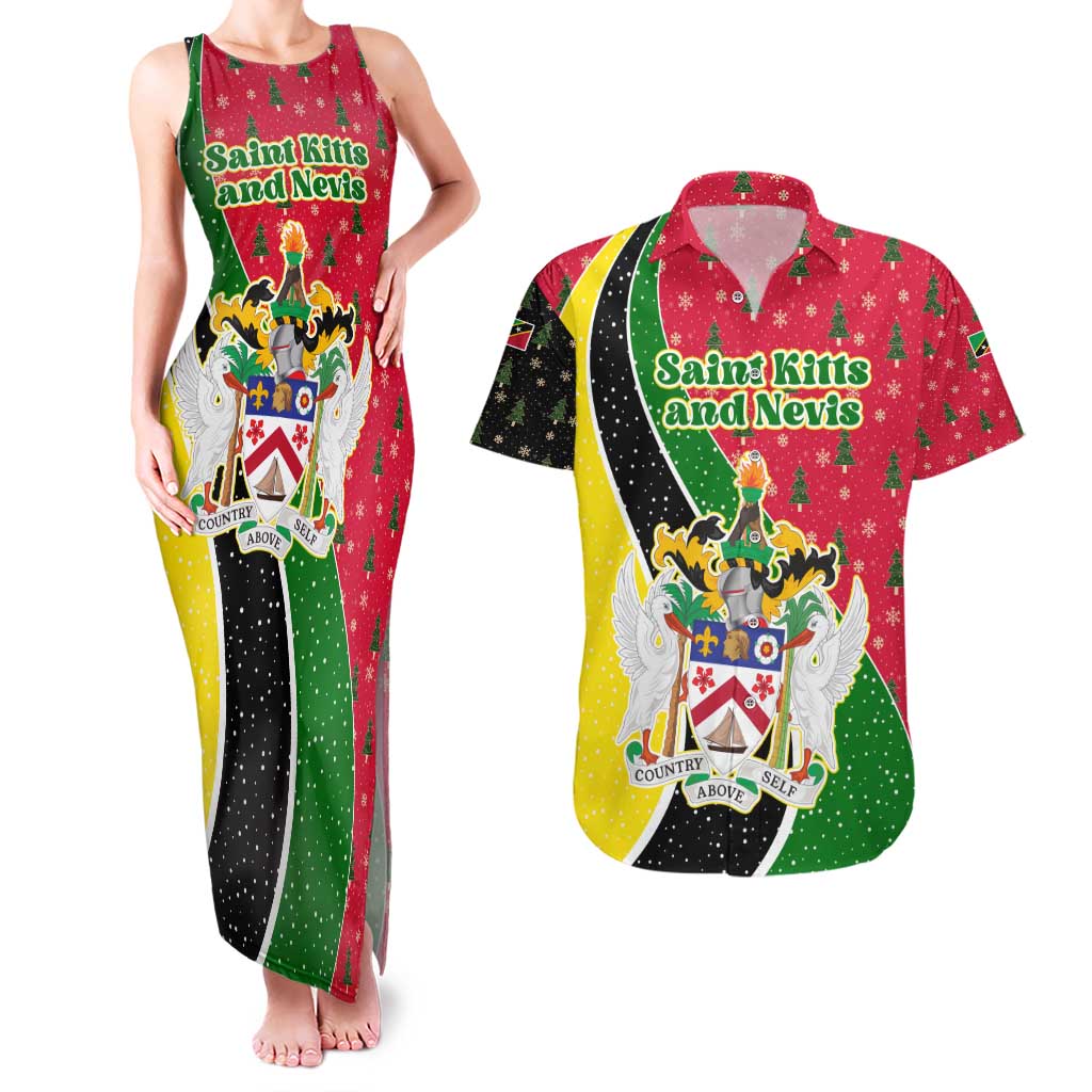 Saint Kitts and Nevis Christmas Couples Matching Tank Maxi Dress and Hawaiian Shirt with Red Green Black Xmas Monkey Gift and Coat of Arms - Wonder Print Shop
