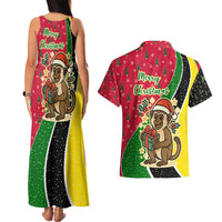 Saint Kitts and Nevis Christmas Couples Matching Tank Maxi Dress and Hawaiian Shirt with Red Green Black Xmas Monkey Gift and Coat of Arms - Wonder Print Shop
