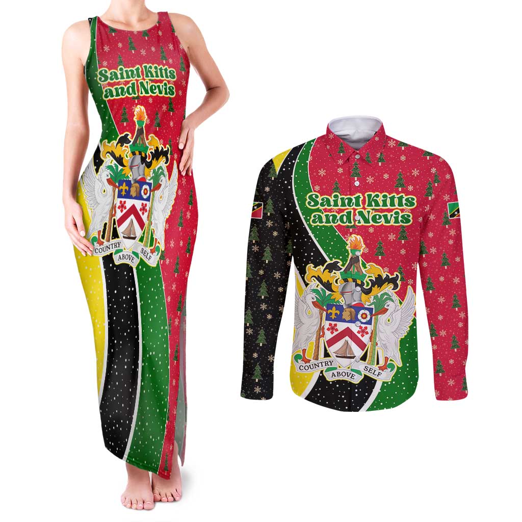 Saint Kitts and Nevis Christmas Couples Matching Tank Maxi Dress and Long Sleeve Button Shirt with Red Green Black Xmas Monkey Gift and Coat of Arms - Wonder Print Shop