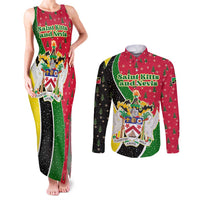 Saint Kitts and Nevis Christmas Couples Matching Tank Maxi Dress and Long Sleeve Button Shirt with Red Green Black Xmas Monkey Gift and Coat of Arms - Wonder Print Shop