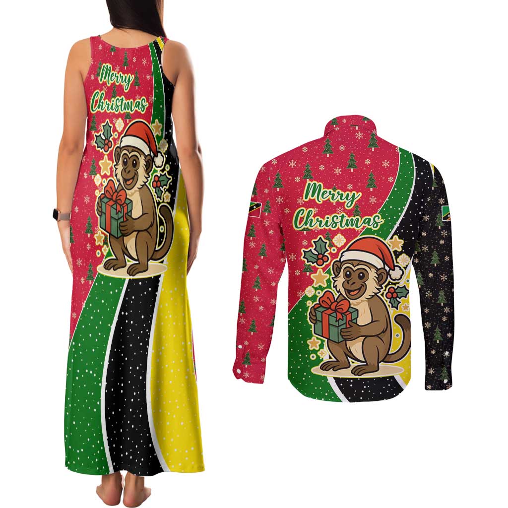 Saint Kitts and Nevis Christmas Couples Matching Tank Maxi Dress and Long Sleeve Button Shirt with Red Green Black Xmas Monkey Gift and Coat of Arms - Wonder Print Shop
