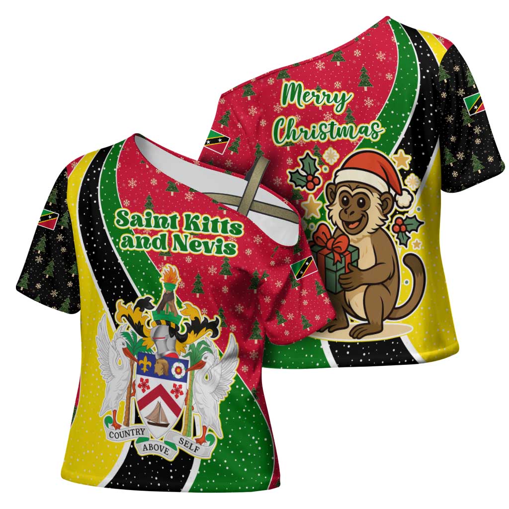 Saint Kitts and Nevis Christmas Cross Shoulder Shirt with Red Green Black Xmas Monkey Gift and Coat of Arms - Wonder Print Shop