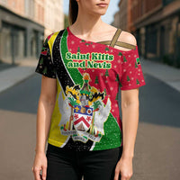 Saint Kitts and Nevis Christmas Cross Shoulder Shirt with Red Green Black Xmas Monkey Gift and Coat of Arms - Wonder Print Shop