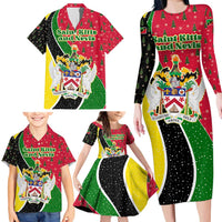 Saint Kitts and Nevis Christmas Family Matching Long Sleeve Bodycon Dress and Hawaiian Shirt with Red Green Black Xmas Monkey Gift and Coat of Arms - Wonder Print Shop