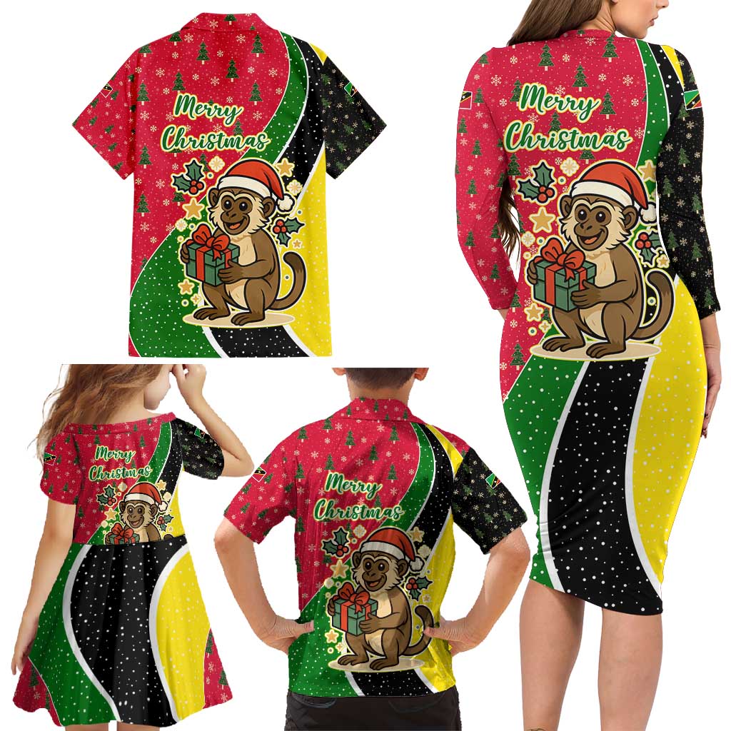 Saint Kitts and Nevis Christmas Family Matching Long Sleeve Bodycon Dress and Hawaiian Shirt with Red Green Black Xmas Monkey Gift and Coat of Arms - Wonder Print Shop