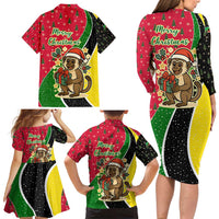 Saint Kitts and Nevis Christmas Family Matching Long Sleeve Bodycon Dress and Hawaiian Shirt with Red Green Black Xmas Monkey Gift and Coat of Arms - Wonder Print Shop