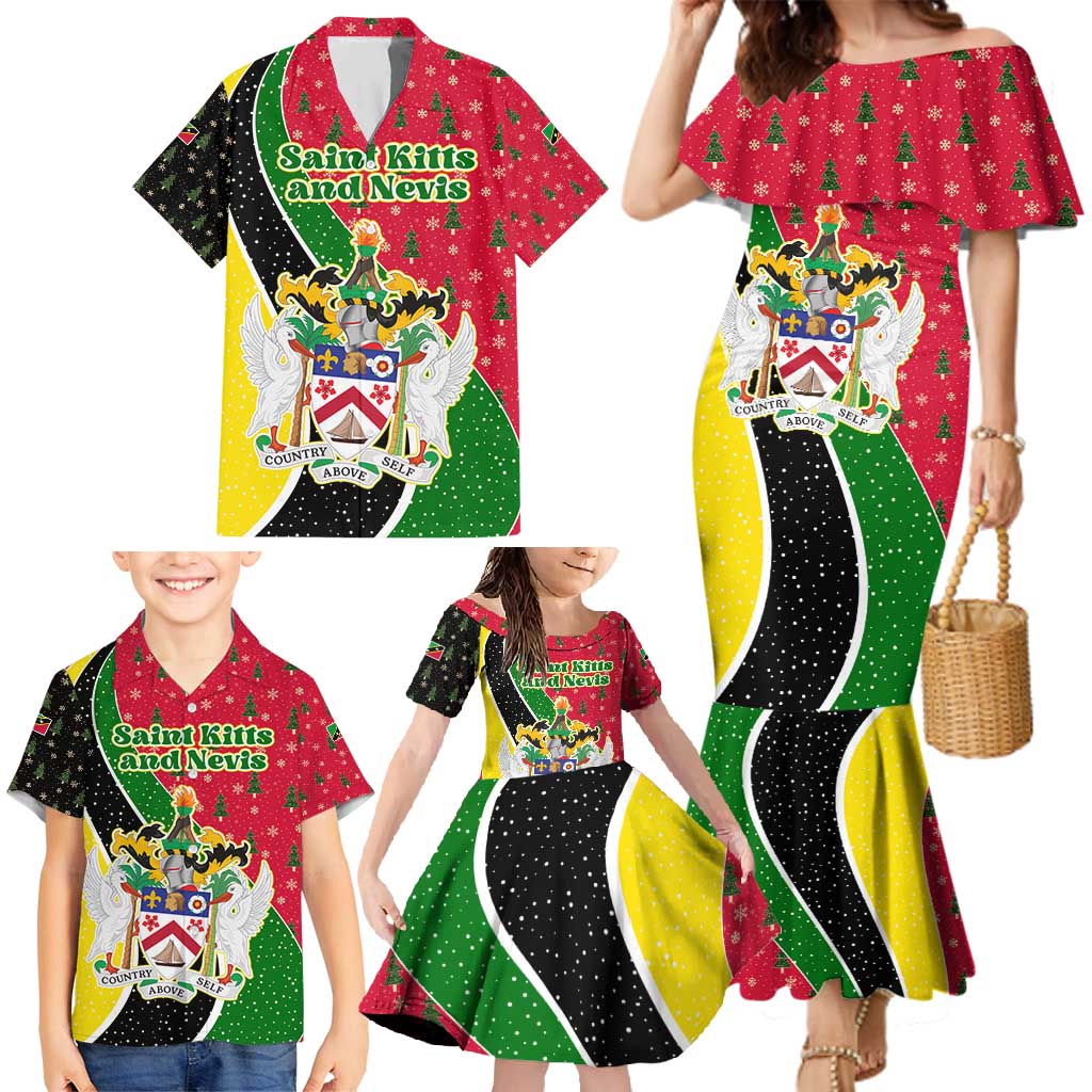 Saint Kitts and Nevis Christmas Family Matching Mermaid Dress and Hawaiian Shirt with Red Green Black Xmas Monkey Gift and Coat of Arms - Wonder Print Shop