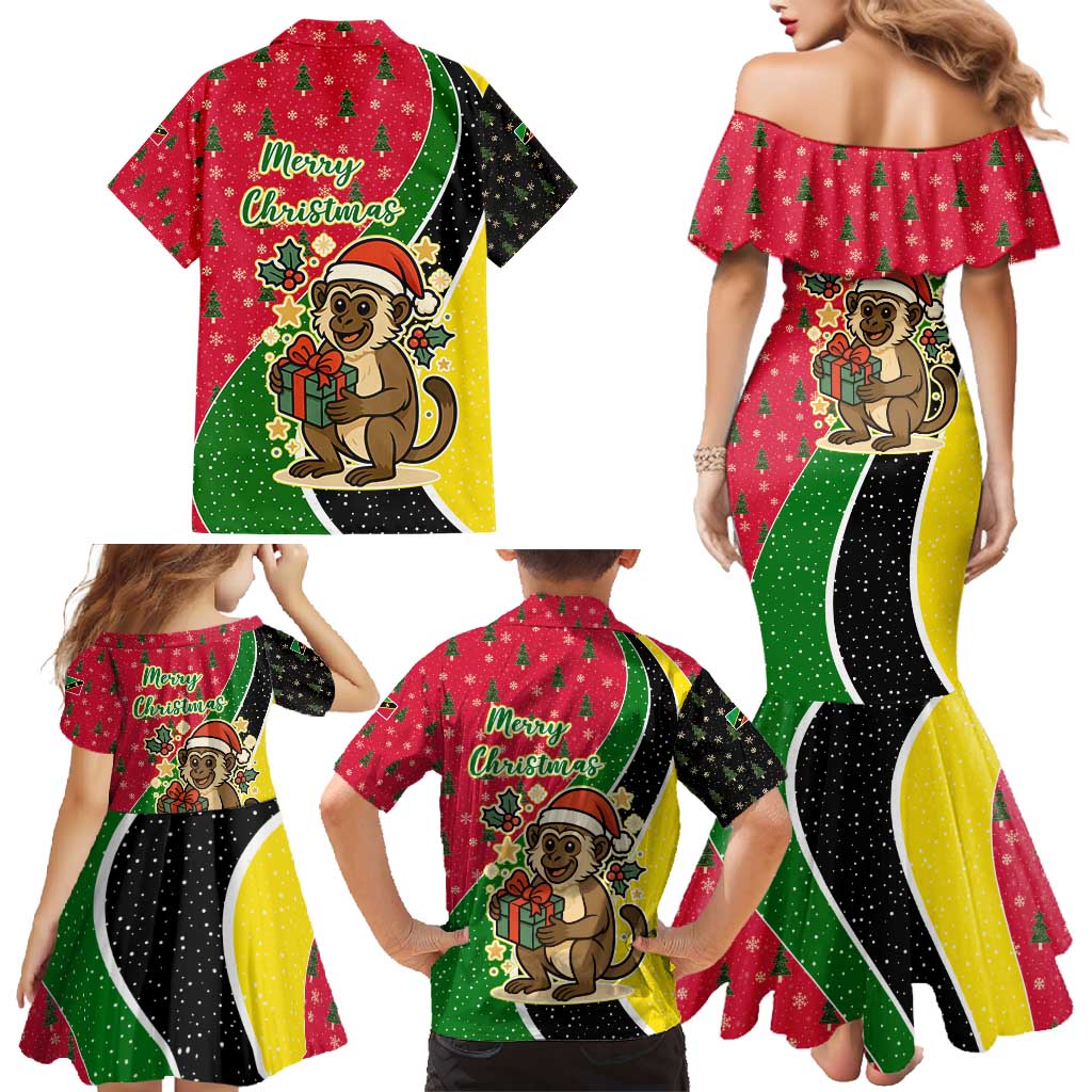 Saint Kitts and Nevis Christmas Family Matching Mermaid Dress and Hawaiian Shirt with Red Green Black Xmas Monkey Gift and Coat of Arms - Wonder Print Shop