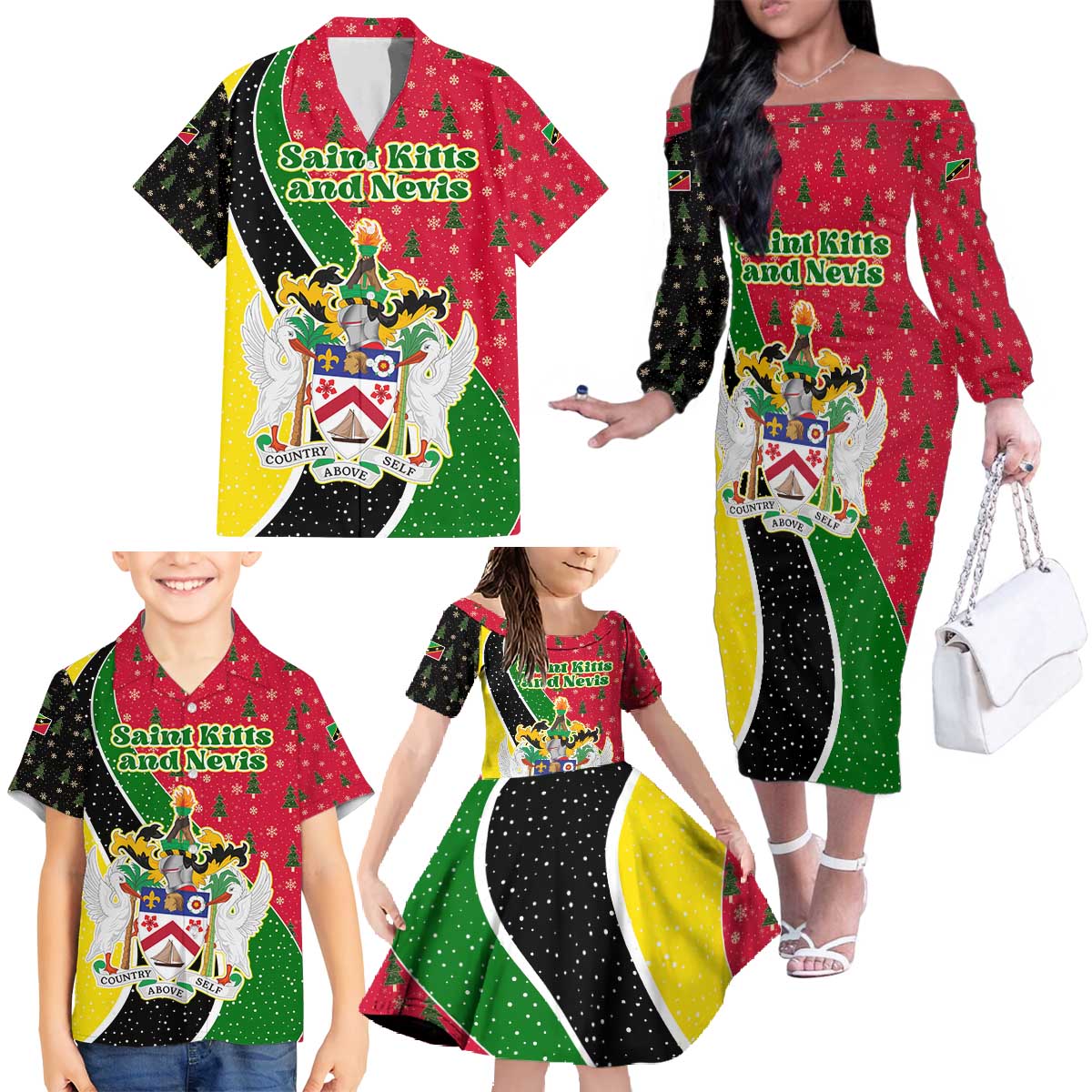 Saint Kitts and Nevis Christmas Family Matching Off The Shoulder Long Sleeve Dress and Hawaiian Shirt with Red Green Black Xmas Monkey Gift and Coat of Arms - Wonder Print Shop