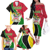 Saint Kitts and Nevis Christmas Family Matching Off The Shoulder Long Sleeve Dress and Hawaiian Shirt with Red Green Black Xmas Monkey Gift and Coat of Arms - Wonder Print Shop