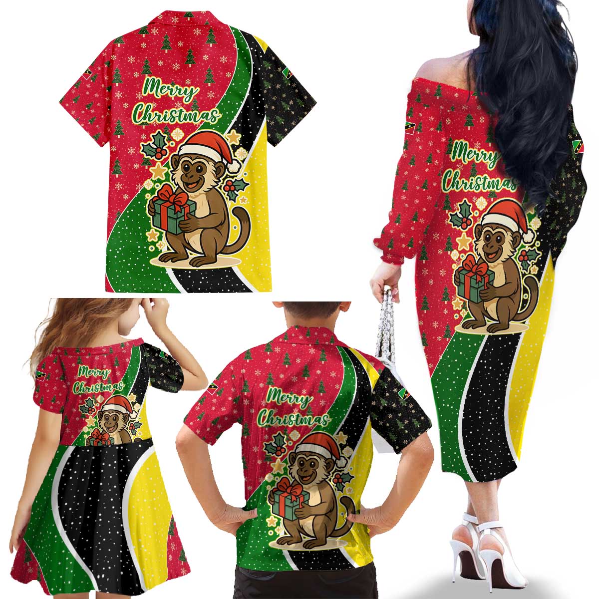 Saint Kitts and Nevis Christmas Family Matching Off The Shoulder Long Sleeve Dress and Hawaiian Shirt with Red Green Black Xmas Monkey Gift and Coat of Arms - Wonder Print Shop