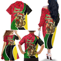 Saint Kitts and Nevis Christmas Family Matching Off The Shoulder Long Sleeve Dress and Hawaiian Shirt with Red Green Black Xmas Monkey Gift and Coat of Arms - Wonder Print Shop
