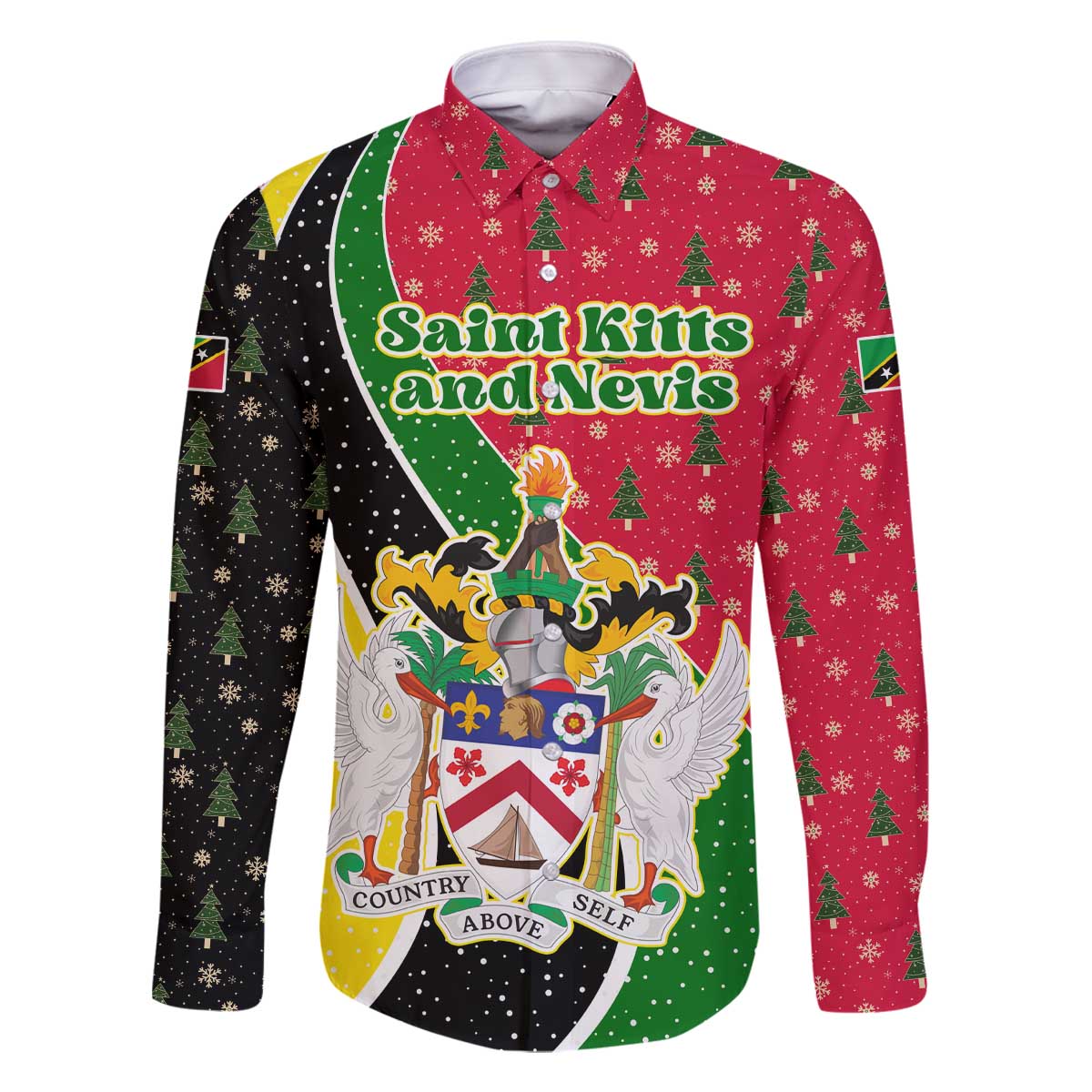 Saint Kitts and Nevis Christmas Family Matching Off The Shoulder Long Sleeve Dress and Hawaiian Shirt with Red Green Black Xmas Monkey Gift and Coat of Arms - Wonder Print Shop