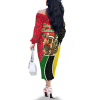 Saint Kitts and Nevis Christmas Family Matching Off The Shoulder Long Sleeve Dress and Hawaiian Shirt with Red Green Black Xmas Monkey Gift and Coat of Arms - Wonder Print Shop