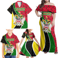 Saint Kitts and Nevis Christmas Family Matching Off Shoulder Maxi Dress and Hawaiian Shirt with Red Green Black Xmas Monkey Gift and Coat of Arms - Wonder Print Shop