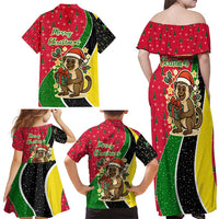 Saint Kitts and Nevis Christmas Family Matching Off Shoulder Maxi Dress and Hawaiian Shirt with Red Green Black Xmas Monkey Gift and Coat of Arms - Wonder Print Shop
