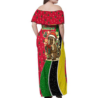Saint Kitts and Nevis Christmas Family Matching Off Shoulder Maxi Dress and Hawaiian Shirt with Red Green Black Xmas Monkey Gift and Coat of Arms - Wonder Print Shop