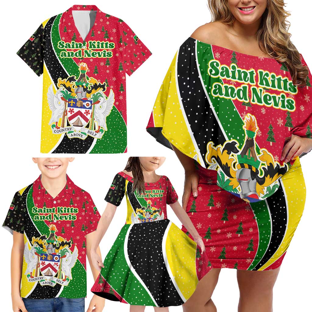 Saint Kitts and Nevis Christmas Family Matching Off Shoulder Short Dress and Hawaiian Shirt with Red Green Black Xmas Monkey Gift and Coat of Arms - Wonder Print Shop