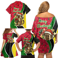 Saint Kitts and Nevis Christmas Family Matching Off Shoulder Short Dress and Hawaiian Shirt with Red Green Black Xmas Monkey Gift and Coat of Arms - Wonder Print Shop
