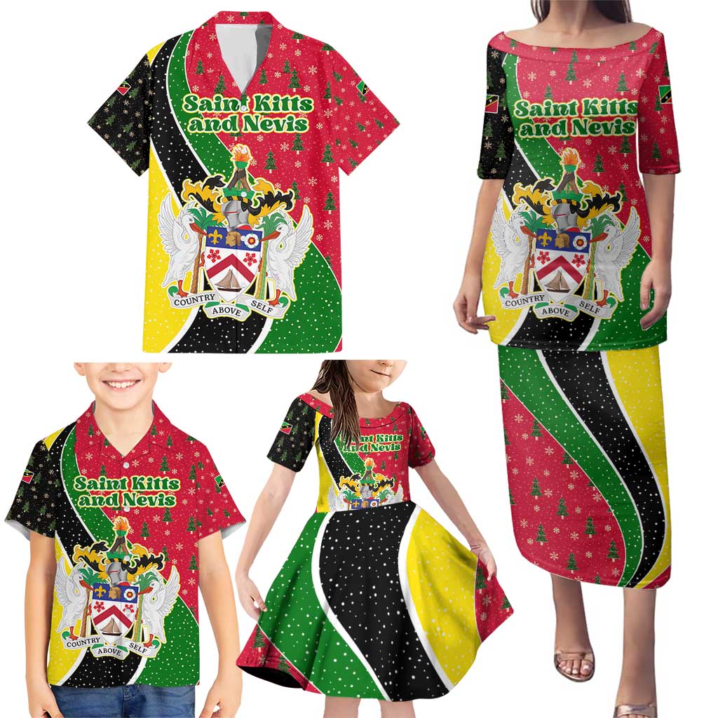 Saint Kitts and Nevis Christmas Family Matching Puletasi and Hawaiian Shirt with Red Green Black Xmas Monkey Gift and Coat of Arms - Wonder Print Shop