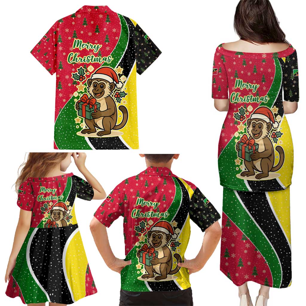 Saint Kitts and Nevis Christmas Family Matching Puletasi and Hawaiian Shirt with Red Green Black Xmas Monkey Gift and Coat of Arms - Wonder Print Shop