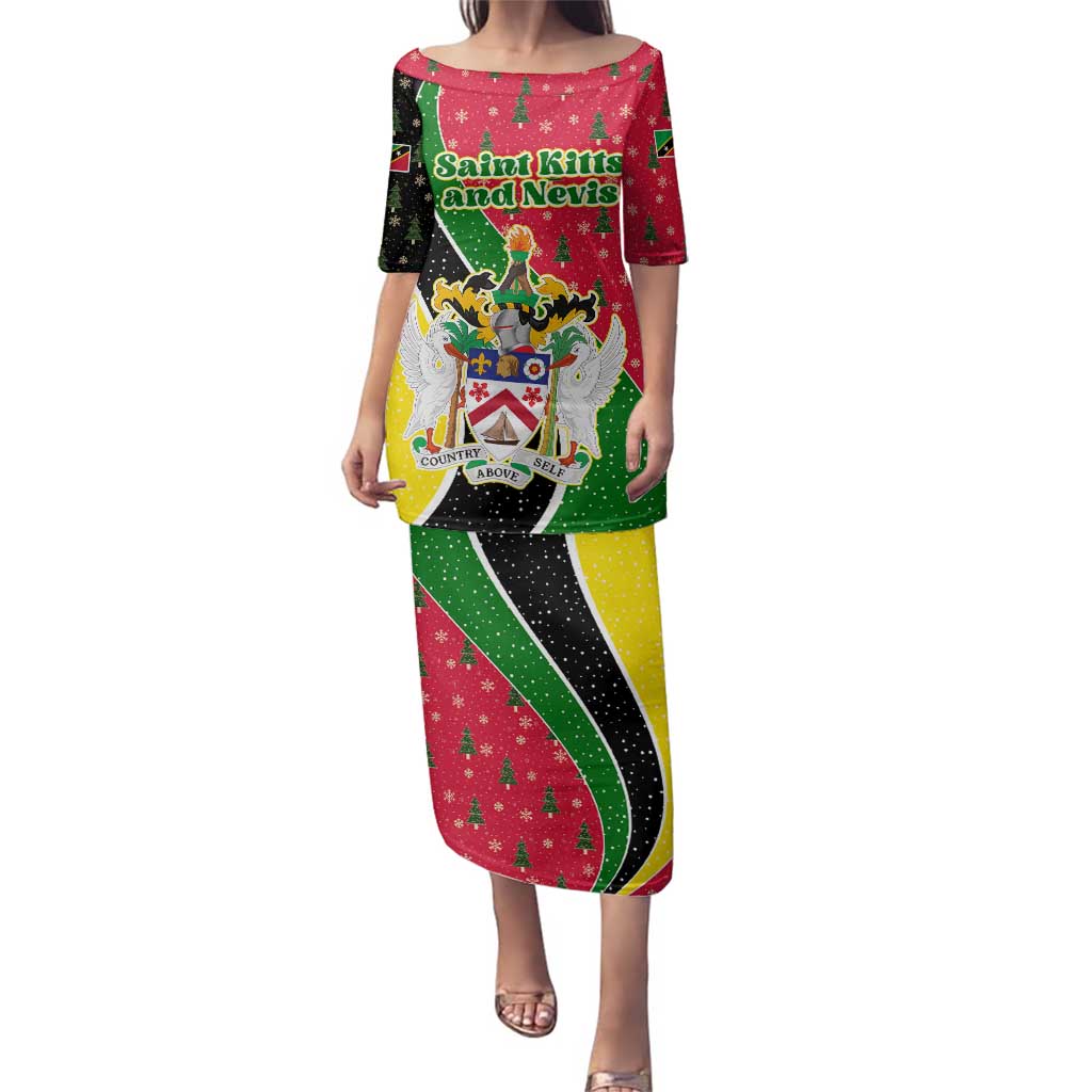 Saint Kitts and Nevis Christmas Family Matching Puletasi and Hawaiian Shirt with Red Green Black Xmas Monkey Gift and Coat of Arms - Wonder Print Shop